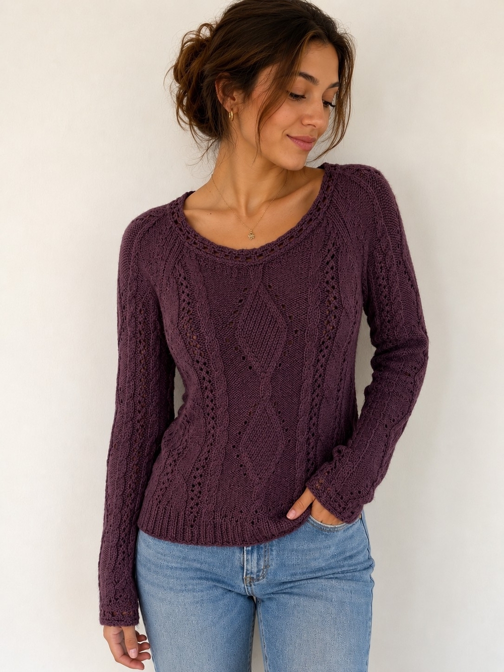 Reitmans Purple Cable Knit Openwork Sweater Size Small